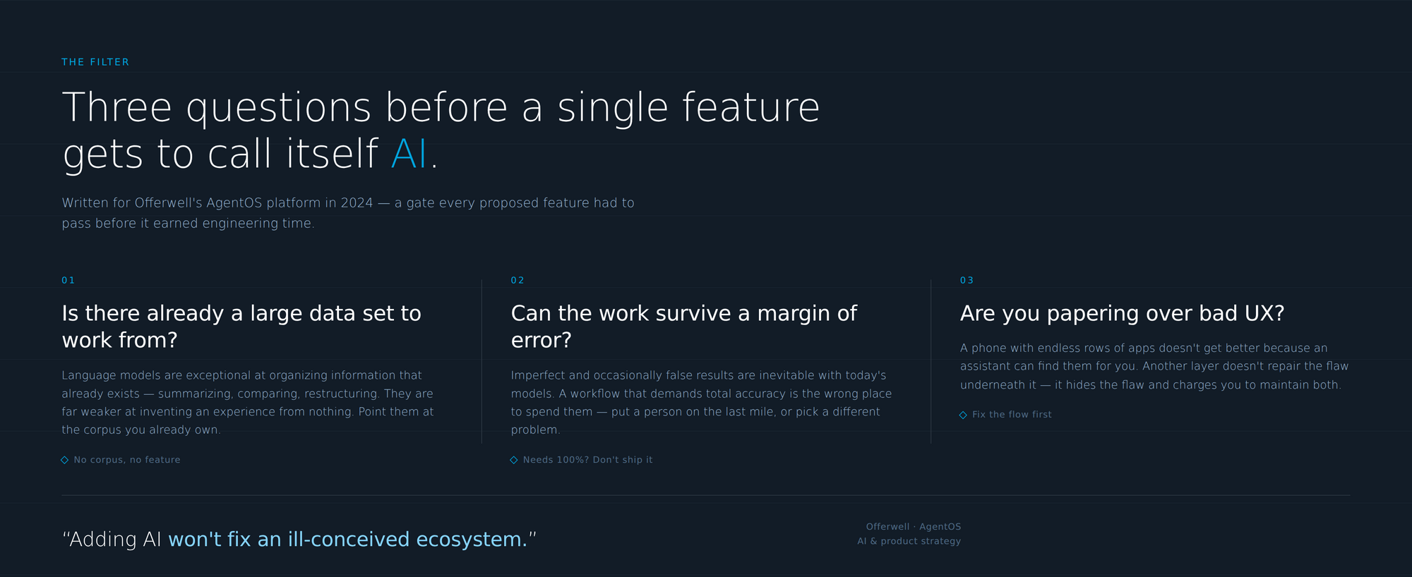 The three-part filter applied to every proposed AI feature